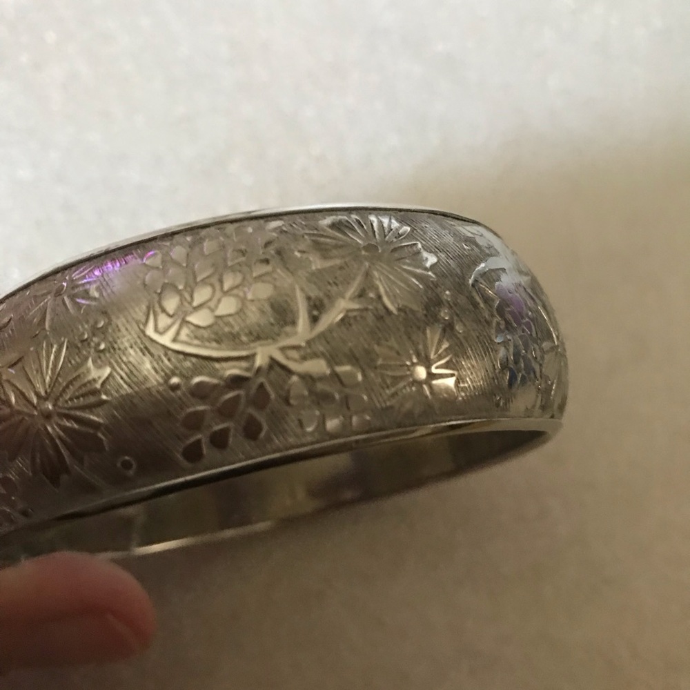 Engraved Silver Floral Bangle Bracelet